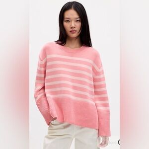 Gap Split-Hem Crewneck Striped Barbiecore Pink Oversized Pullover Sweater XS NWT